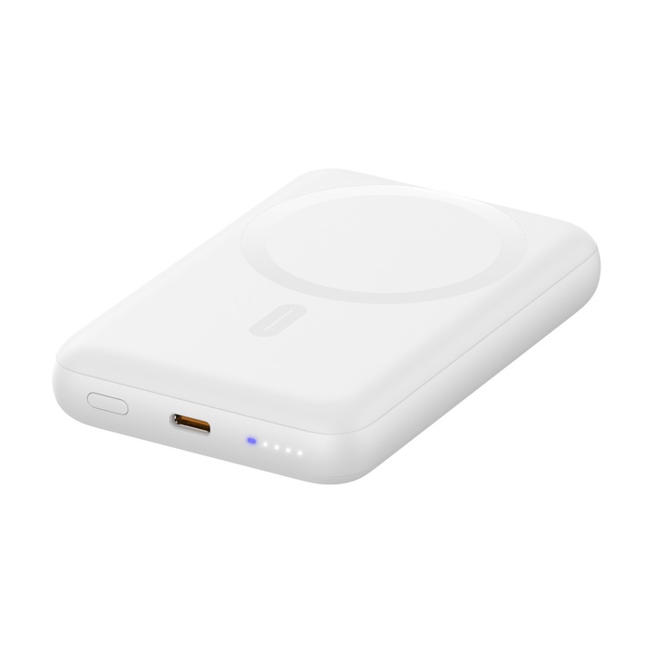 Безжична външна батерия Magsafe, 10000 mAh, кабел за бързо зареждане 20 W и 15 W безжична, Power Bank, съвместим с iPhone 12-15 Pro, преносим, кабел тип C, алуминий, бял