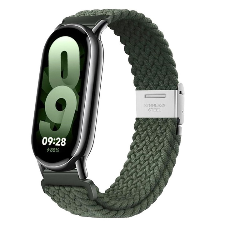 Комплект фитнес гривна, Basesailor, съвместима с Xiaomi Mi Smart Band 8, еластичен найлон, метални аксесоари, зелен