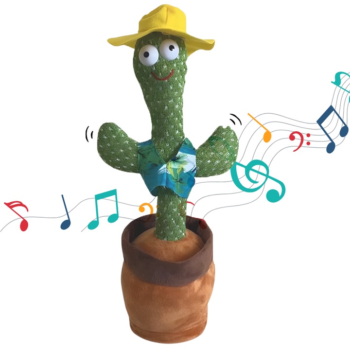 Jucarie Interactiva Macvi® Cactus Dansator cu Palarie Galbena, Canta, Danseaza si Repeta Fraze, 20 de Melodii, Lumini, Verde, 32 cm