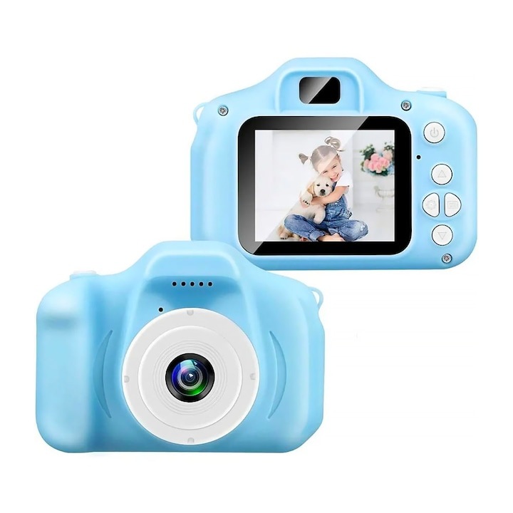 Macvi® 12MP цифров фотоапарат за деца, 720P/1080P видео, 64GB SD карта включена, 400mAh батерия, компактен дизайн, калъф за носене, син