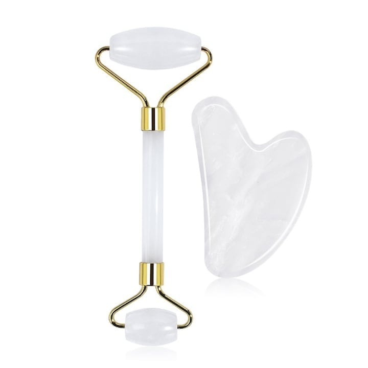 Macvi® jáde roller és Gua Sha kő szett, arc- és testmasszázs, bőrfiatalító hatás és nyirokmasszázs, fehér