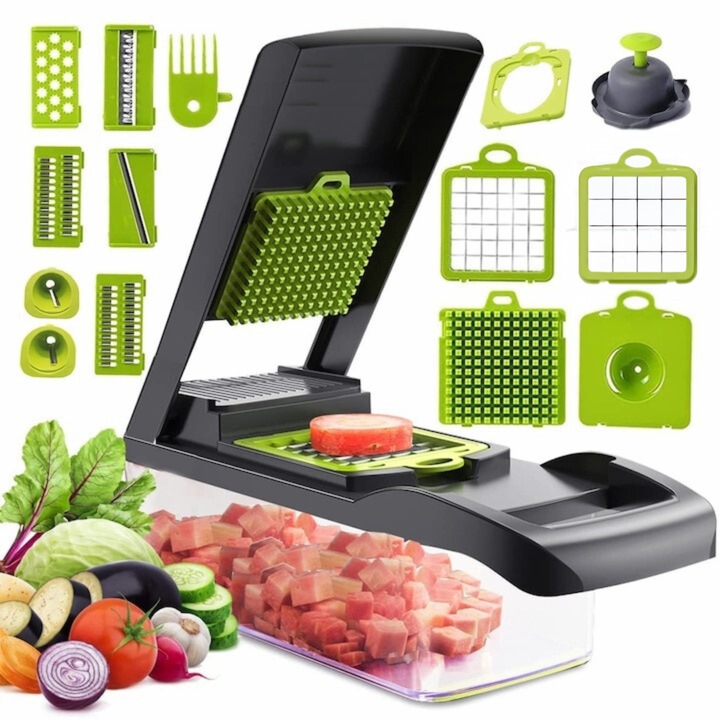 Razatoare Multifunctionala 15 in 1 Macvi®, 20 Piese, 13 Tipuri de Feliere, Ideala pentru Fructe, Legume si Branzeturi, Otel Inoxidabil, Verde/Gri