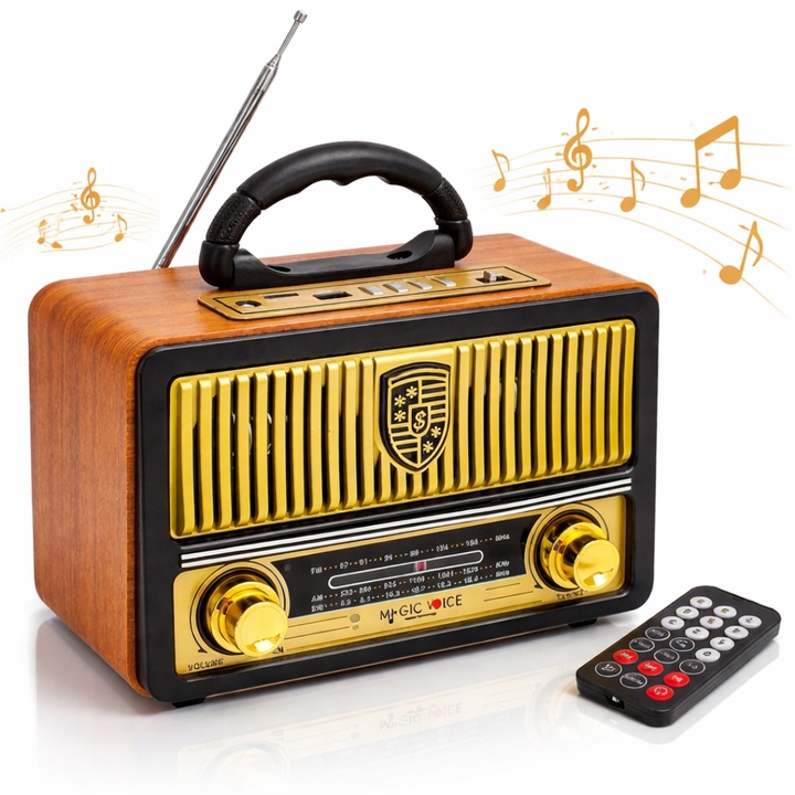 Radio portabil retro Macvi®, Bluetooth, banda FM /AM /SW difuzor incorporat afisaj digital suport USB alimentare DC3V design vintage