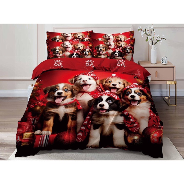 Set Lenjerie de pat 6 piese Finet Gros, bumbac, 2 fete, pucioasa, Craciun14