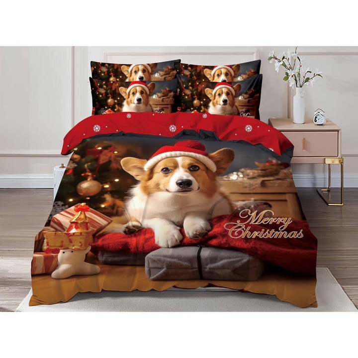 Set Lenjerie de pat 6 piese Finet Gros, bumbac, 2 fete, pucioasa, Craciun25