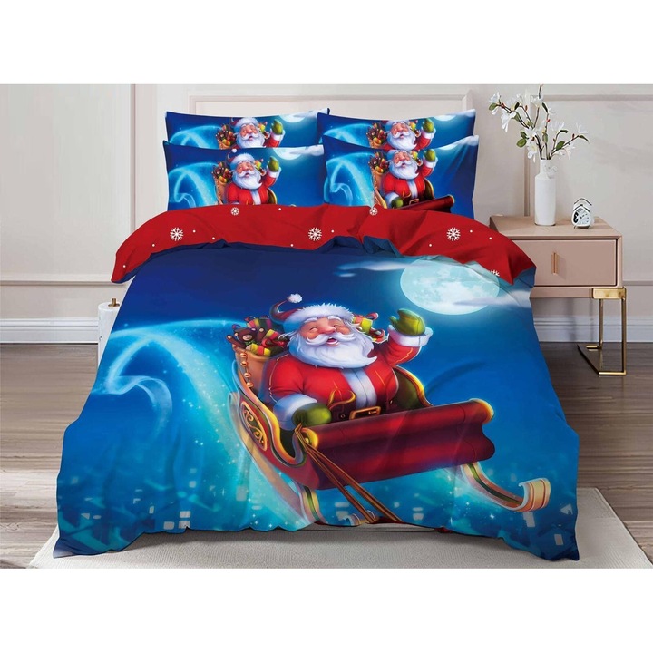 Set Lenjerie de pat 6 piese Finet Gros, bumbac, 2 fete, pucioasa, Craciun34