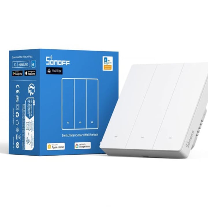 Intrerupator inteligent Sonoff M5-3C-86W, Wi-Fi, Matter, 3 canale, 6A, Alb