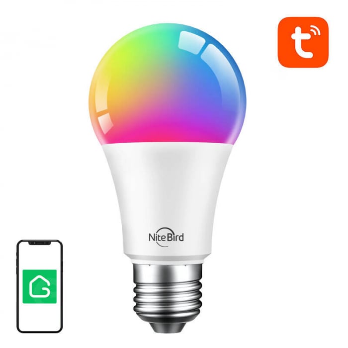 Bec LED RGB+CW inteligent Gosund WB4, Wi-Fi, E27, 9W, 800 lm, lumina alba si colorata (2700-6500K), Clasa energetica F