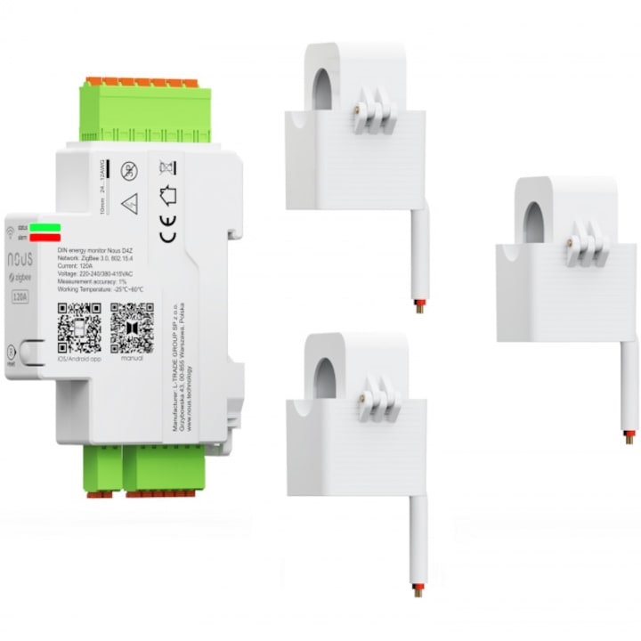 Смарт електромер NOUS D4Z ZigBee 3.0, Монитор на потреблението в реално време, Монтаж на DIN шина, 120A, IP20