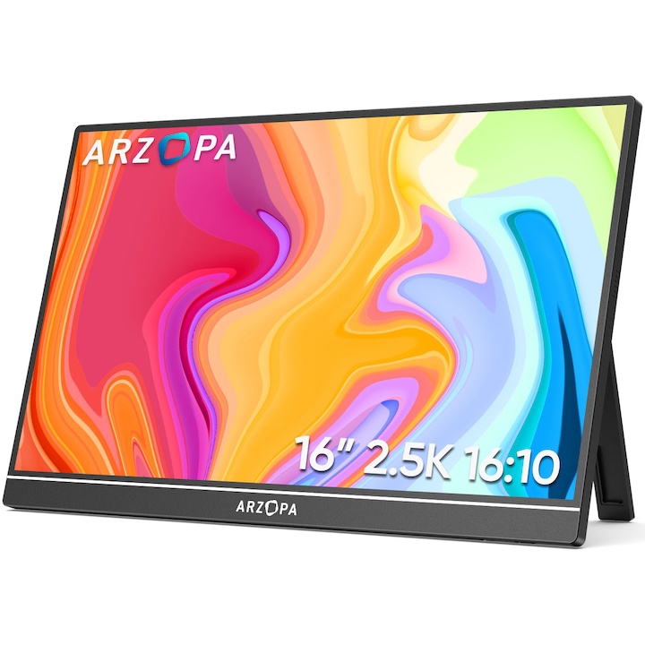 Преносим монитор LED IPS Arzopa Z1RC 16", QHD (2560x1600), 60Hz, Mini HDMI, USB-C, Високоговорители 1W x2, Съвместим с конзоли, Черен