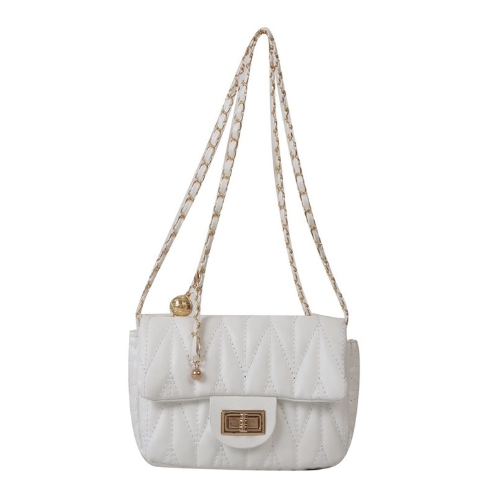 Női válltáska, Hundred, kis négyzet alakú táska, fehér, lánccal, hímzéssel