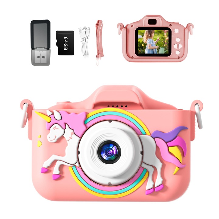 Kids Camera Rainbow Design 2,0 hüvelykes LCD-képernyő, teljes készlet 64 GB-os rózsaszín kártyával