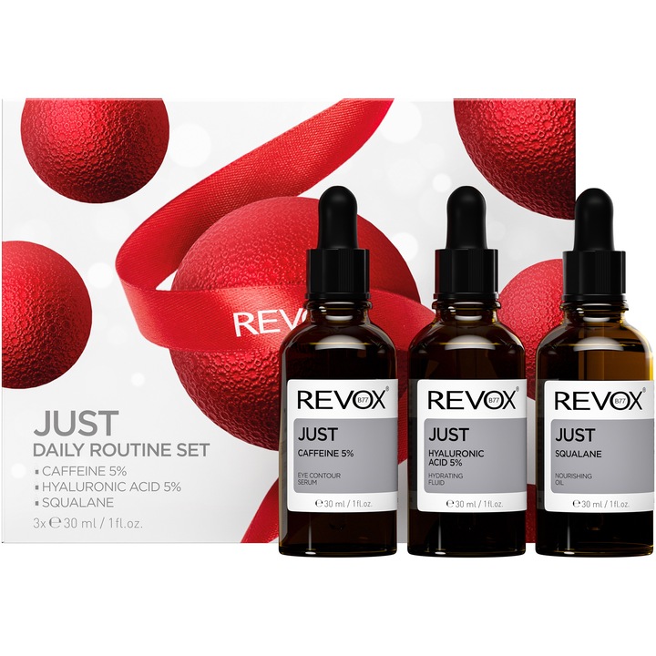 Pachet cadou Revox Just Daily Routine X'Mas: Ser pentru conturul ochilor, Cafeina 5%, 30 ml + Fluid hidratant cu acid hialuronic 5%, 30 ml + Ulei hidratant Squalane, 30 ml