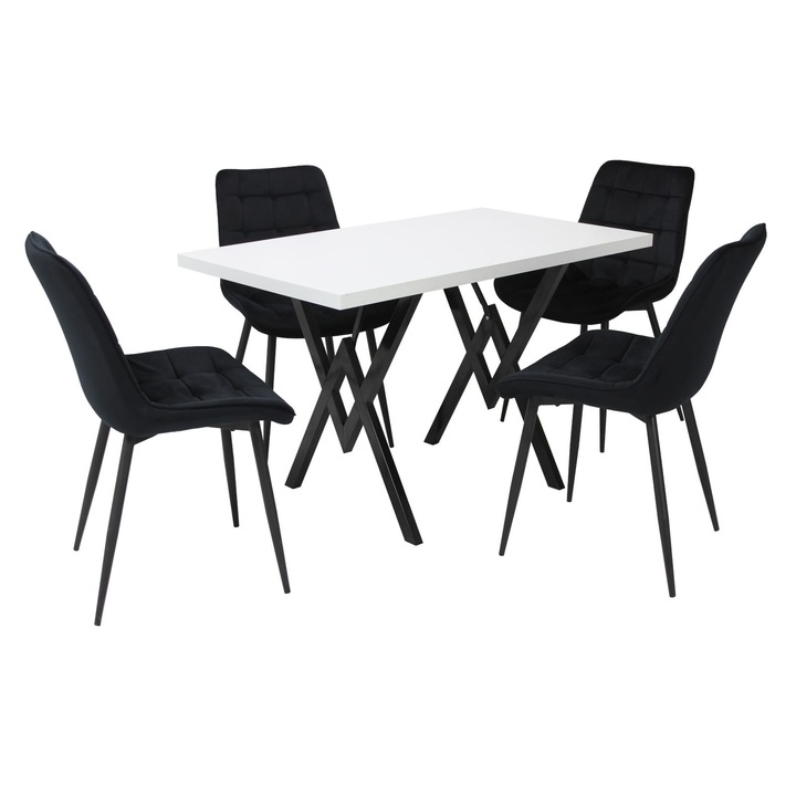 Set masa fixa Arta cu 4 scaune Onix, dreptunghiulara, blat din PAL laminat, picioare negre, cadru din metal, tapiterie din material textil, alb/negru, 120x75x70 cm