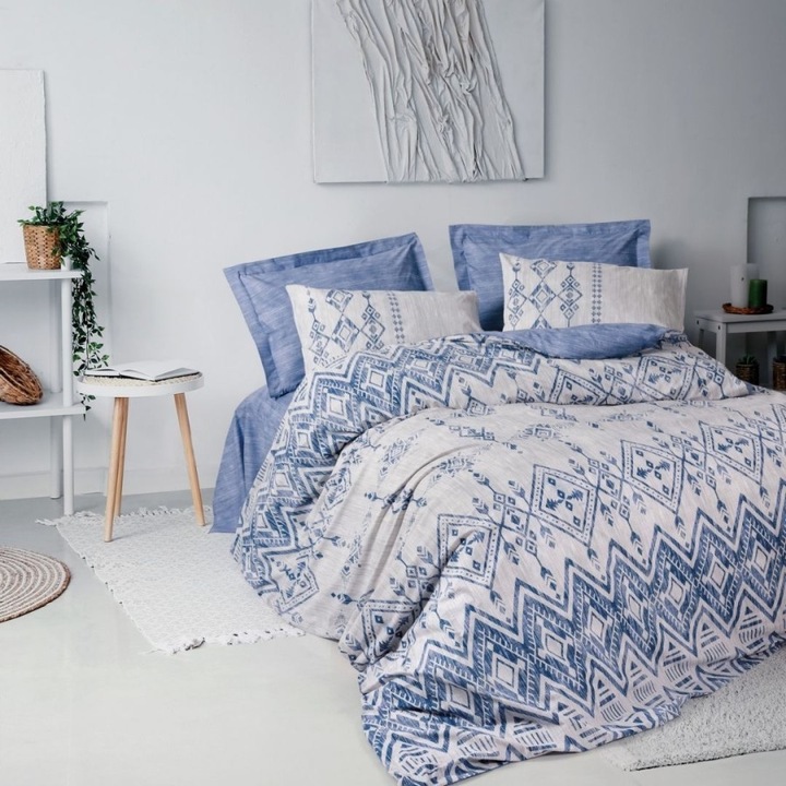 Lenjerie pat dublu design etnic, bumbac 100% ranforce, 240 x 260 cm, 4 piese, Cotton Box, Cleo Blue