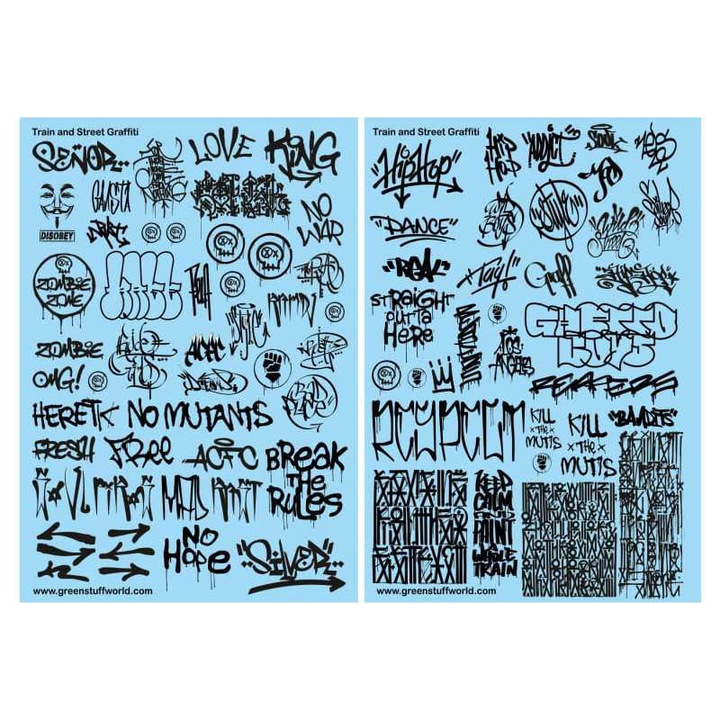 Decalcomanii pentru modele si diorame Train and Street Graffiti Black Mix, Green Stuff World, 2 foi, negru