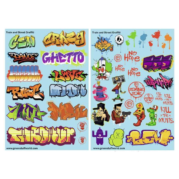 Decalcomanii pentru modele si diorame Train and Street Graffiti Mix, Green Stuff World, 2 foi, multicolor