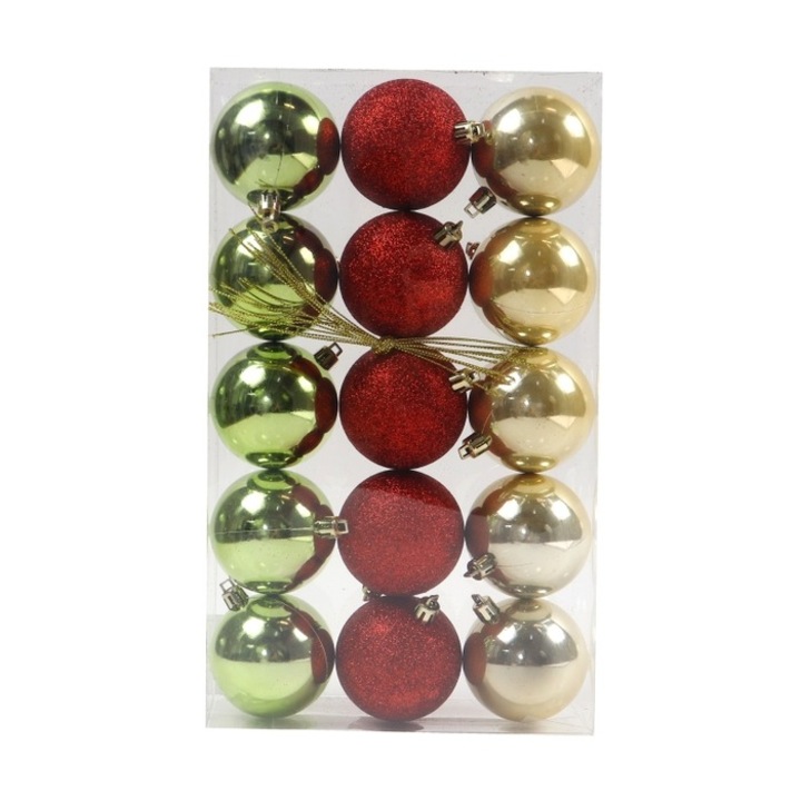 Комплект от 15 коледни топки Antbro® с матов и лъскав вид в жълто, златно и червено, пластмасови, 6см