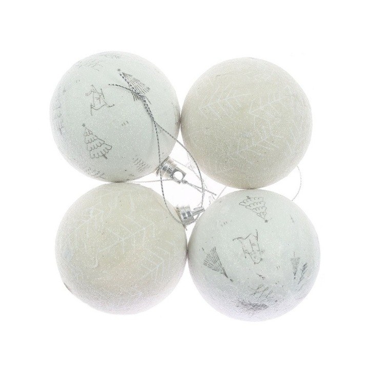 Комплект от 4 коледни топки Antbro® в нюанси на бяло и светлозелено, пластмасови, 7 см