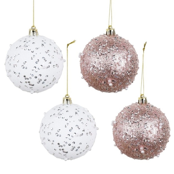 Set 4 globuri de Craciun Antbro® albe si roz cu sclipici, din plastic, 8cm