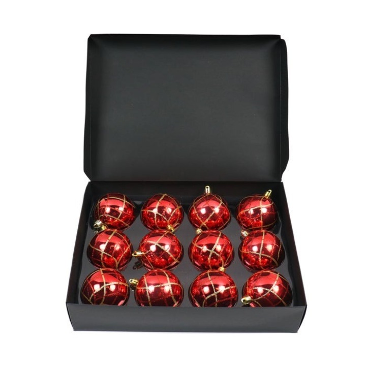 Set 12 globuri de Craciun Antbro® lucioase de culoare rosie cu sclipici auriu si rosu, 7cm