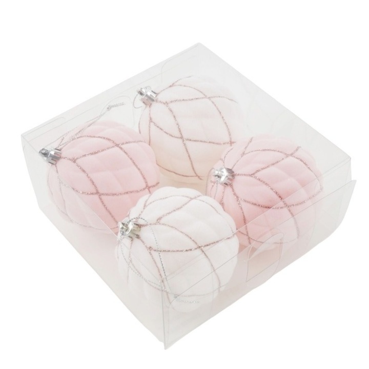 Set 4 globuri de Craciun Antbro® albe si roz cu detaliu auriu glitter, din plastic, 8cm