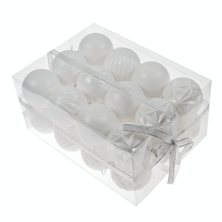 Set 24 globuri de Craciun Antbro® albe cu diferite texturi, din plastic, 6cm