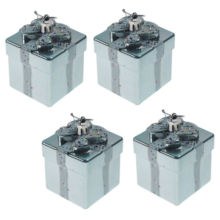 Set 4 globuri Craciun Antbro® argintii sub forma de mici cadouri, 6cm
