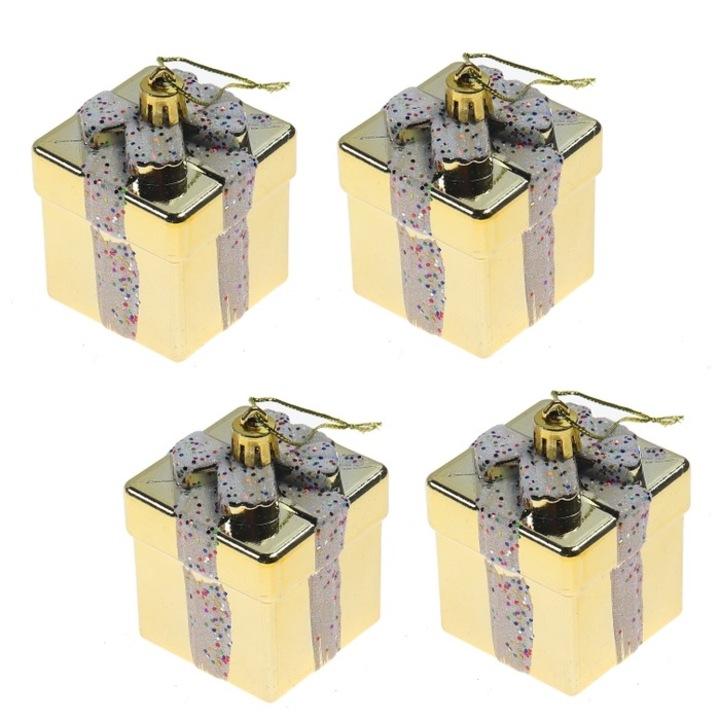 Set 4 globuri Craciun Antbro® aurii sub forma de mici cadouri, 6cm