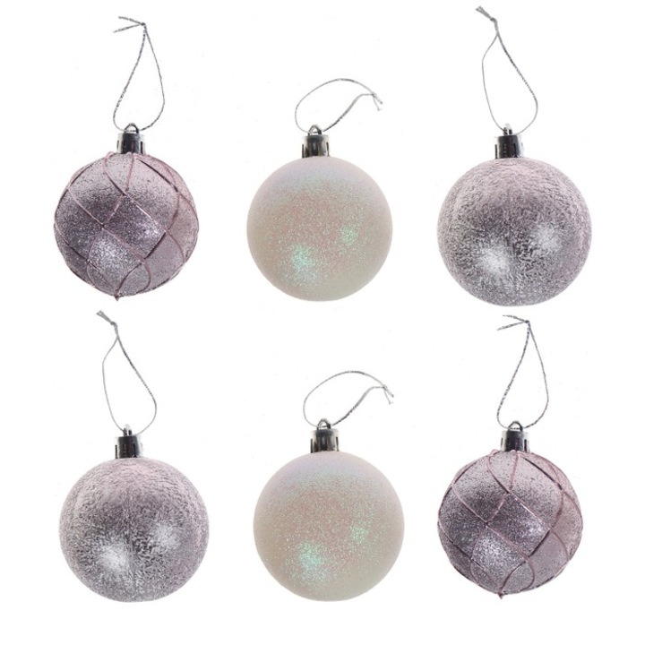 Set 6 globuri Craciun Antbro® cu diferite modele, roz, din plastic, 6cm