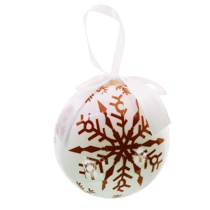 Antbro® karácsonyfadísz, fehér hógolyó, hópelyhekkel díszítve, műanyag, 10 cm