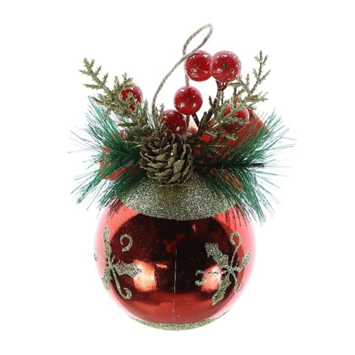 Antbro® karácsonyfadísz, piros gömb, díszítve áfonya gyümölcsökkel és fenyőágakkal, műanyag, 8cm