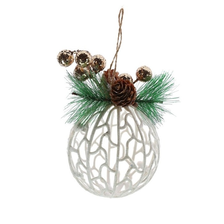 Antbro® karácsonyfa dísz, fehér perforált gömb fenyőágacskával, műanyag, 8cm