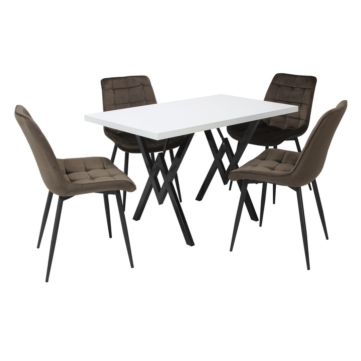 Set masa fixa Arta cu 4 scaune Onix, dreptunghiulara, blat din PAL laminat, picioare negre, cadru din metal, tapiterie din material textil, alb/maro, 120x75x70 cm