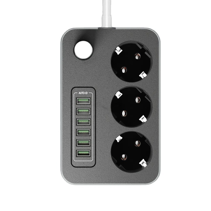 Удължител amXea PS-3601-G2BG, черен/сив, 3 EU конектора, 6xUSB 5V/3.1A, 2m кабел 3x1.00mm2, 2500W, бутон за включване/изключване, защита от деца, антистатичен