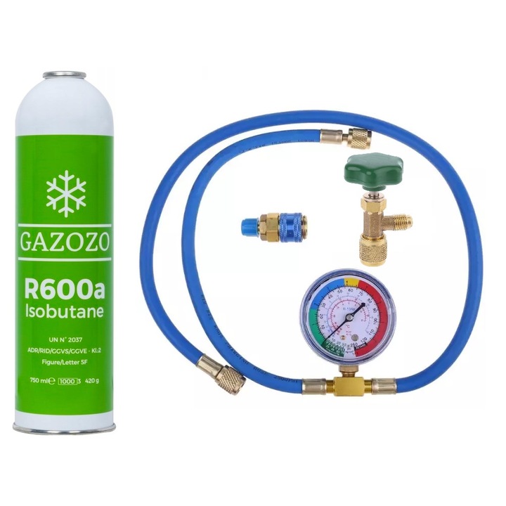 Set umplere agent frigorific R600a, Litago, 650 ml, 2 furtunuri, manometru, 1/4 SAE
