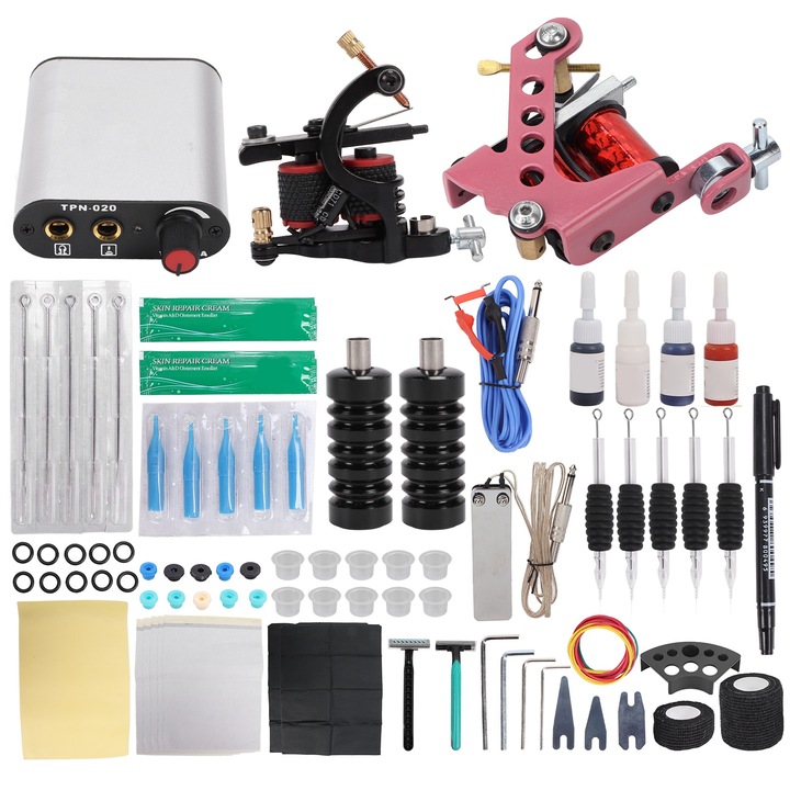 Tekercses tetoválógép készlet tápegységgel Lábpedál javító krém tetoválásgyakorló eszköz készlet kezdőknek (90-265V) US csatlakozó