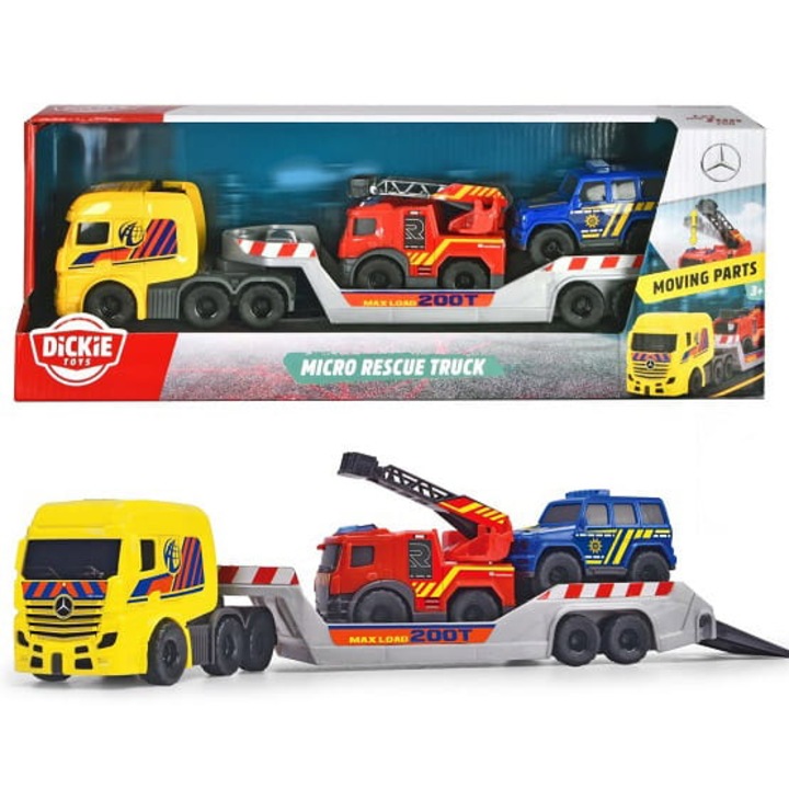 Комплект превозни средства, Dickie Toys, Mercedes-Benz Sos Laval, Спешни автомобили, Разглобяемо ремарке, Изключително качество на изработка, 32 см