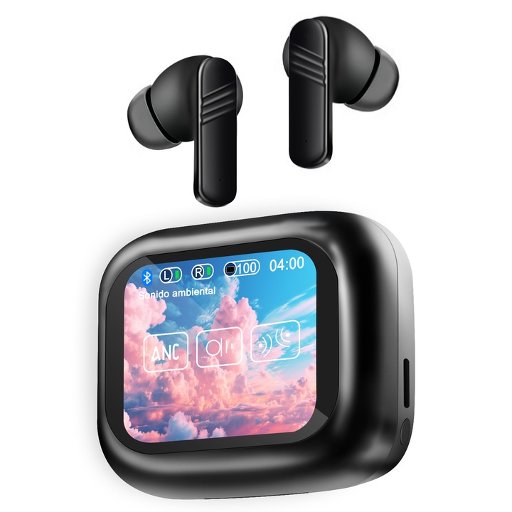 Безжични Bluetooth слушалки, Dytimeem, E337, цветен LCD екран, цифров дисплей, аудио, за ухо, безжични, спортни, черни