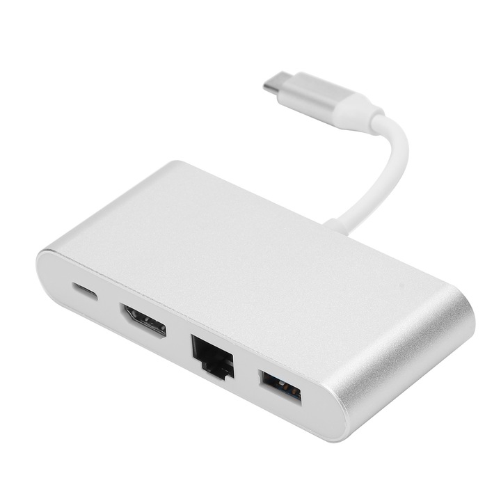 Type-C Hub 4 в 1, Mmgoqqt, USB 3.0, HDMI 4K, RJ45, сребрист, 68g