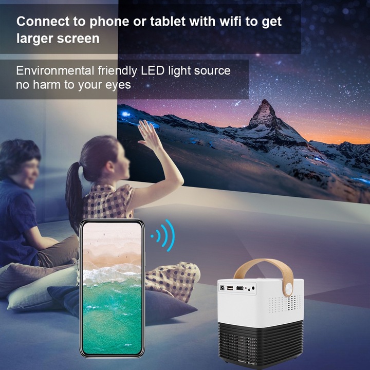 Мини LED видео проектор, longziming, 1080P, 2500lm, черен, 11.8x13.5x14.6cm