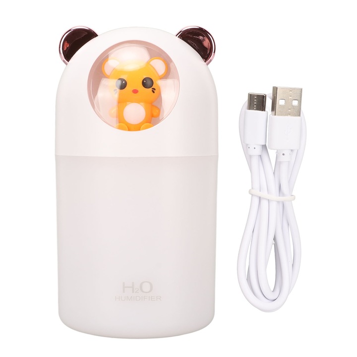 280 ml-es mini párásító, 2 permetezési mód, 25 dB, alacsony zajszintű, USB párásító, színes éjszakai fényekkel, otthonra, hálószobába, irodába, fehér