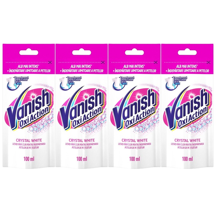 Set 4 x Vanish Pete Lichid 100ml White, fresh aroma, parfum floral, distruge calcarul, rapid si eficient, testat dermatologic, prospetime de lunga durata, eficacitate maxima, continut generos, elimina mirosuri neplacute