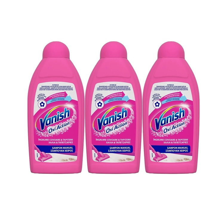 Set 3 x Vanish Solutie 500ml Covoare, fresh aroma, parfum floral, distruge calcarul, rapid si eficient, testat dermatologic, prospetime de lunga durata, eficacitate maxima, continut generos, elimina mirosuri neplacute