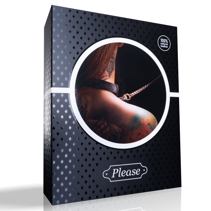 Set BDSM Please, obroza erotica cu lesa, piele naturala, 37-43 cm, 2 cm grosime, 100 cm lungime lesa