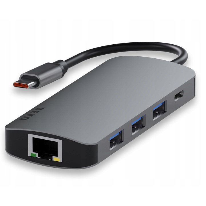 Hub USB-C 8w1, DEKO BUSINESS, HDMI 4K 60Hz, 3xUSB, LAN, SD, gri