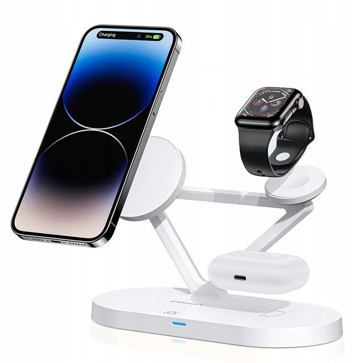 Incarcator wireless 3 in 1 Pisen, alb, 15W, pentru telefoane, casti si ceasuri Apple