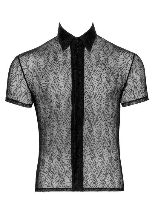 Svenjoyment póló elasztikus csipkével, gallérral és gombos zárással, fekete, poliamid, M INTL