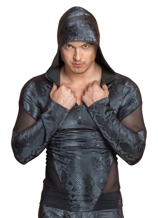 NEK férfi szexi felső, hosszú ujjú, kapucnis, kígyóbőr mintás, 90% poliészter, 10% elasztán