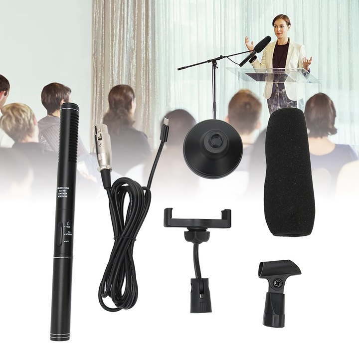 Jormftte interjúmikrofon, hordozható, vezetékes, XLR kialakítás, konferenciákhoz és felvételekhez, alumínium, 1xAA